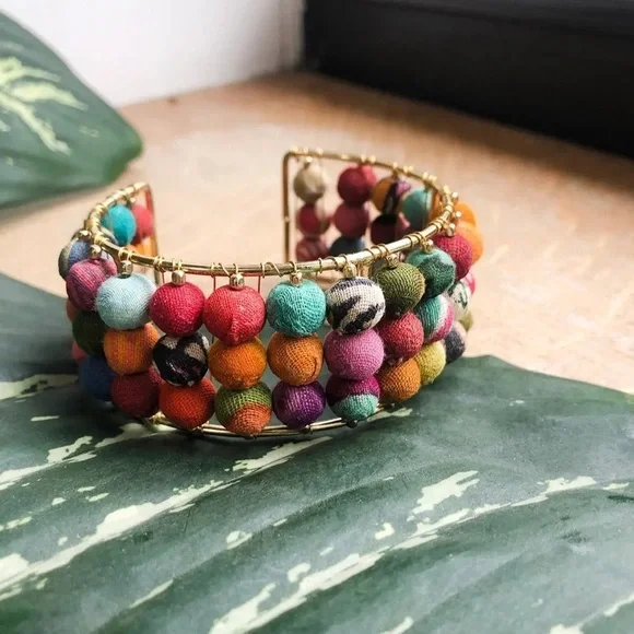 Kantha Red Gold Multicolored Fabric Pearl Bold Cuff Spiral Bracelet NWT - Picture 2 of 2